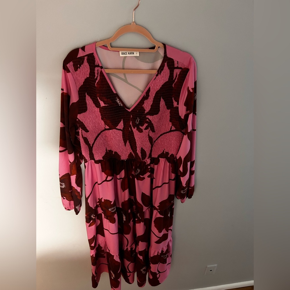 Grace Karin Pink and Brown Floral V-Neck midi Dress